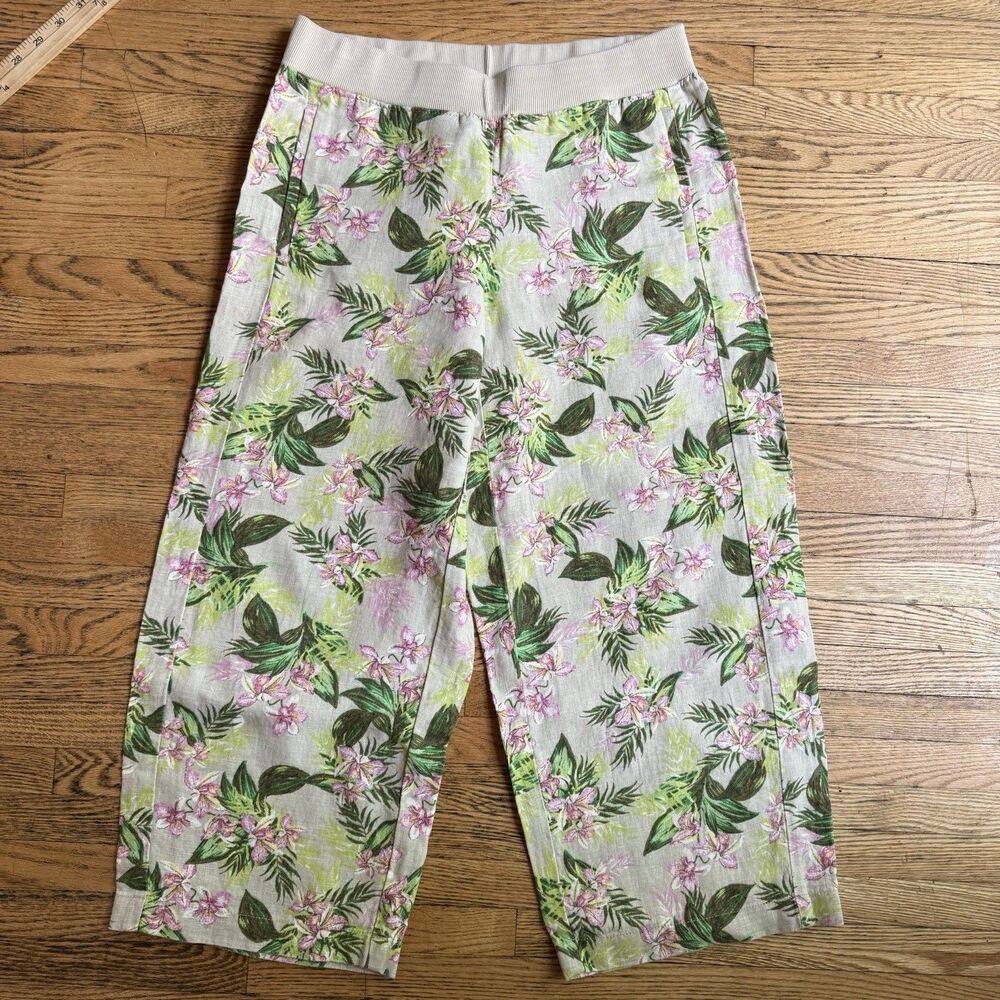 J. Jill Wide Leg Cropped Pants Womens XS 100% Linen Floral Orchid Beach Resort